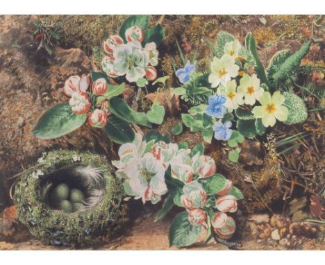 IN THE MANNER OF OLIVER CLAIRE Spring flowers and a bird's nest on a mossy bank, watercolour, unsigned, 23 x 31cm; together w