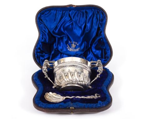 A VICTORIAN SILVER PORRINGER, with applied dragon handles and engraved foliate decoration, marks for London, 1890 and a furth