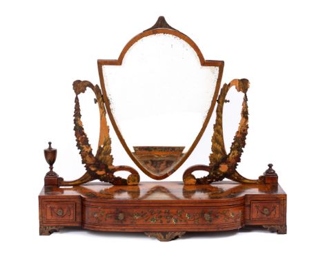 A 19TH CENTURY SATINWOOD DRESSING TABLE MIRROR with urn finials, three drawers, bracket feet and hand painted cherub and flor