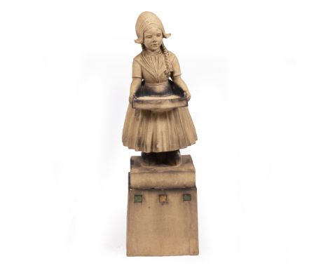 AN EARLY 20TH CENTURY ROYAL DOULTON STONEWARE FIGURE of a Dutch girl mounted on a pedestal with polychrome ceramic tiles, sta
