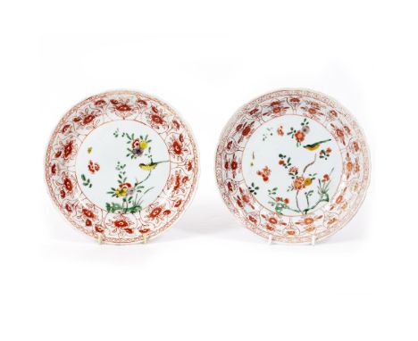 A PAIR OF ANTIQUE CHINESE FAMILLE VERTE PORCELAIN SHALLOW BOWLS each with enamel decoration, 21.5cm diameter x 3cm high Condi