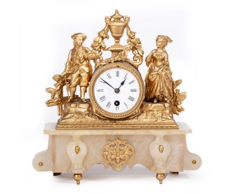 A LATE 19TH CENTURY FRENCH GILT METAL AND ALABASTER MANTLE CLOCK the enamel dial with arabic numerals, overall 31cm wide x 10