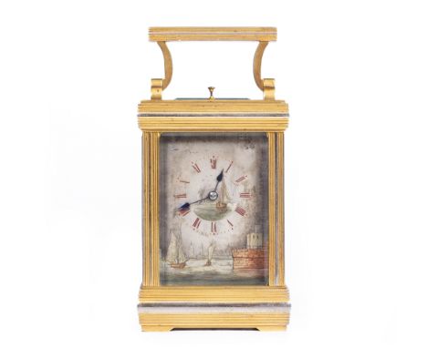 A LATE 19TH / EARLY 20TH CENTURY FRENCH BRASS CARRIAGE CLOCK&nbsp;the sides and dial with engraved and painted maritime decor