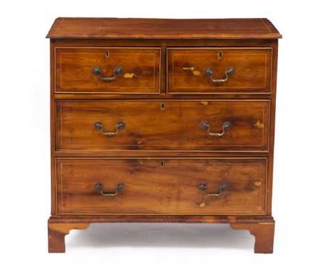 A 20TH CENTURY YEW WOOD CHEST OF TWO SHORT AND TWO LONG DRAWERS with brass swan neck handles and bracket feet, 81.5cm wide x 