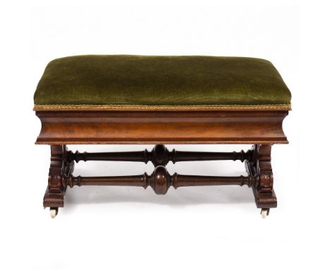 A VICTORIAN WALNUT PIANO STOOL with an overstuffed upholstered lifting seat, carved supports united by a turned stretcher and