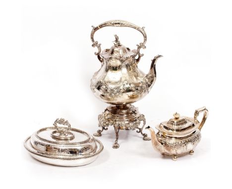 A VICTORIAN SILVER PLATED KETTLE ON STAND ornate engraved decoration, 28cm x 45cm; a Victorian silver plated tea pot with a m