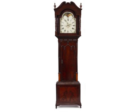 AN EARLY VICTORIAN EIGHT DAY LONGCASE CLOCK with painted dial signed 'Thos Read Tarporley', having roman and arabic numerals,