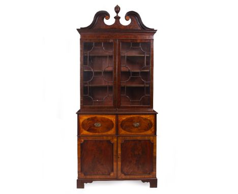 A 19TH CENTURY MAHOGANY SECRETAIRE BOOKCASE with a glazed top, secretaire drawer above two panelled doors raised on bracket f