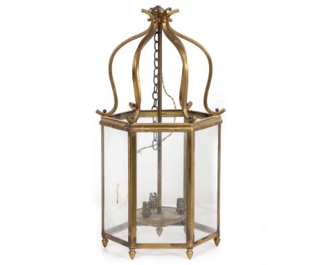 A LATE 20TH CENTURY HEXAGONAL BRASS AND GLASS HANGING HALL LANTERN 28cm wide x 55cm high Condition: needs rewiring, minor wea
