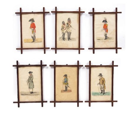 SIX 19TH CENTURY HAND COLOURED PRINTS depicting noblemen after R Dighton, glazed and mounted in oak frames, each image approx