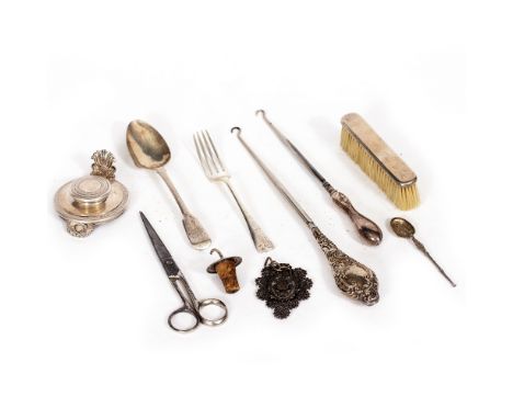 TWO VICTORIAN SILVER HANDLED BOOT HOOKS, an English silver fork and spoon, a silver backed brush, a silver funnel, a pair of 
