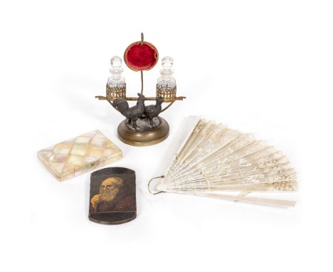 A LATE 19TH / EARLY 20TH CENTURY MOTHER OF PEARL AND WHITE METAL INLAID CARD CASE 11cm x 8cm; a ladies fan; a 19th century la