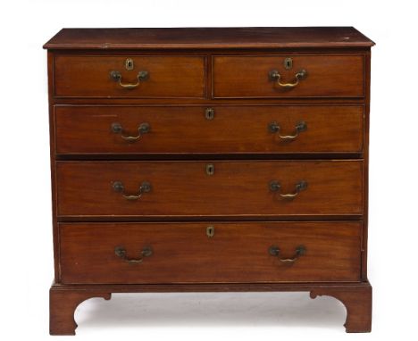 A 19TH CENTURY MAHOGANY CHEST OF TWO SHORT AND THREE LONG DRAWERS with brass swan handles and raised on bracket feet, 110cm w