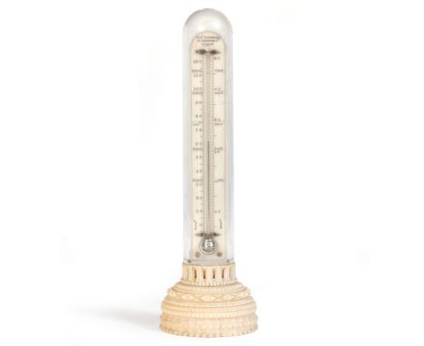A 19TH CENTURY IVORY MERCURY THERMOMETER by Thomas Rubergall, 24 Coventry Street, London, mounted on a carved and turned ivor