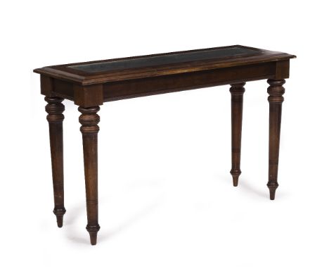 A CONTEMPORARY HARDWOOD RECTANGULAR CONSOLE TABLE with caned and glass inset top standing on turned tapering legs, 121cm wide