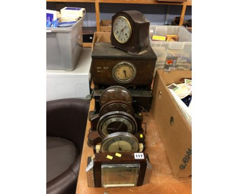 Six Deco mantle clocks and a clocking in clock