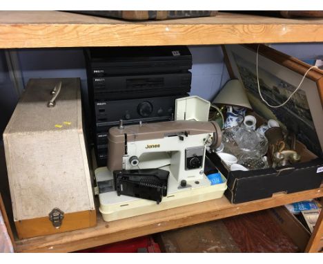 Shelf of assorted including sewing machines etc.