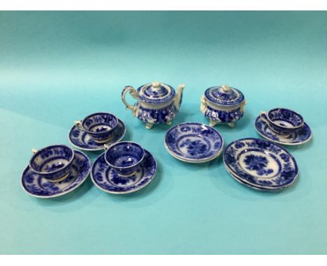 A Victorian blue and white china child's tea set comprising; four cups and saucers, two saucers, two side plates, sugar bowl 