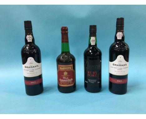 Two bottles of Grahams port, 2005, a bottle of Harvey medium dry sherry and a bottle of Charter ruby port (4)