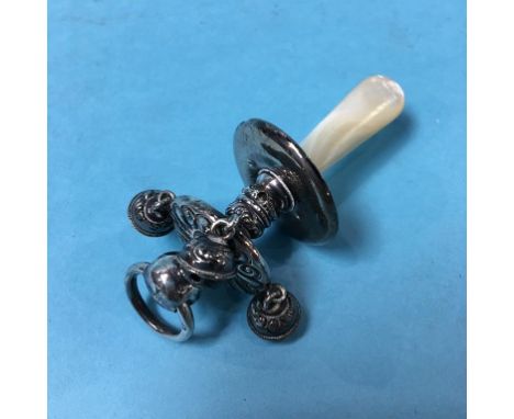 A silver mounted mother of pearl rattle, marks rubbed