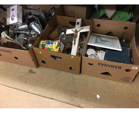Four boxes of assorted, including Hermle bracket clock etc.