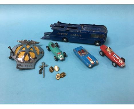 Corgi Ecurie Ecosse transporter and three cars and an AA badge