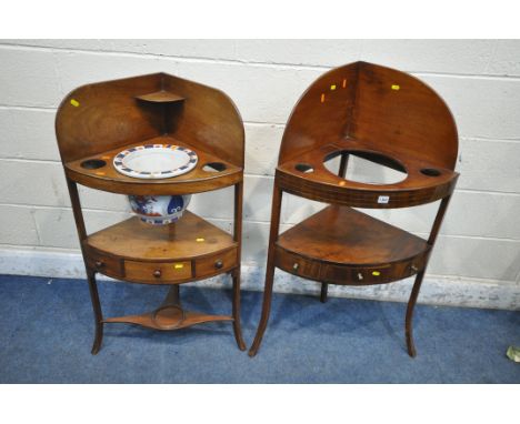 TWO GEORGIAN MAHOGANY CORNER WASHSTANDS, both with a single drawer, dummy drawers, one with a Chinese bowl, width 44cm x dept