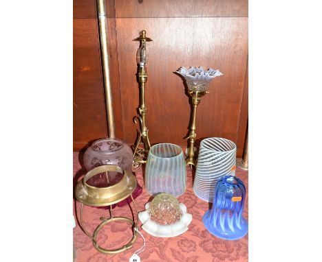 TWO BRASS TABLE LAMPS AND LAMPSHADES ETC, comprising two brass three footed table lamps, tallest 52cm, a brass lamp fitting, 