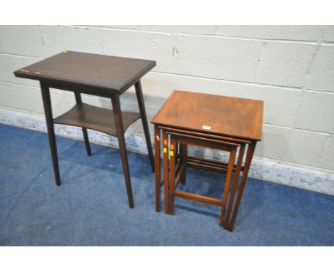 AN EDWARDIAN MAHOGANY FOLD OVER CARD TABLE, width 56cm x depth 38cm x height 74cm, and a walnut nest of three tables (2)