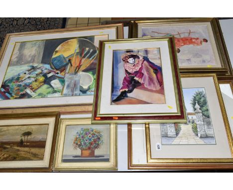 SEVEN 20TH CENTURY OILS AND WATERCOLOURS, comprising a still life study of an artist's palette and equipment, signed B. Giaco