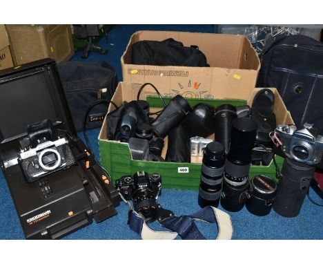 TWO BOXES OF CAMERAS, LENSES AND PROJECTOR, to include a Kindermann AV150 assistant projector, (not tested), a selection of c