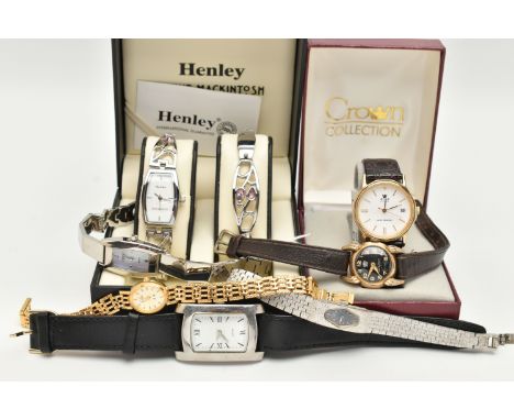 SEVEN LADIES FASHION WRISTWATCHES, to include a boxed quartz 'Henley Rennie Mackintosh Inspiration' watch and bracelet set, a