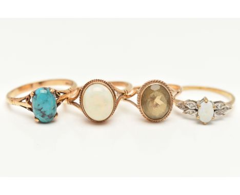 FOUR 9CT GOLD GEM SET RINGS, to include an oval Smokey quartz ring with rope twist surround, a turquoise cabochon ring, an op