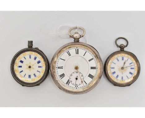 THREE OPEN FACE POCKET WATCHES, the first a silver cased key wound pocket watch, Roman numerals, subsidiary second dial at th