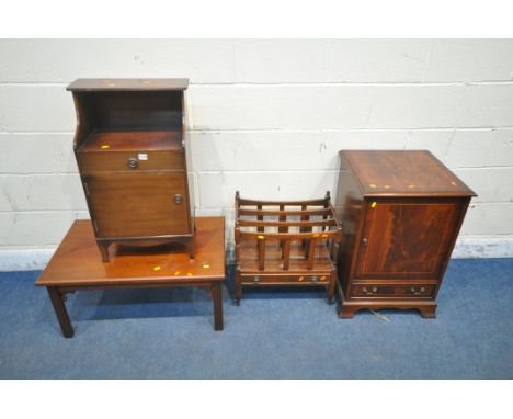 A SELECTION OF MAHOGANY OCCASIONAL FURNITURE, to include a Bradley media cabinet, a magazine rack, standard lamp,  a coffee t