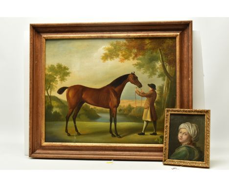 A 20TH CENTURY COPY OF TRISTRAM SHANDY AFTER GEORGE STUBBS, depicting a race horse and handler, unsigned oil on canvas, appro