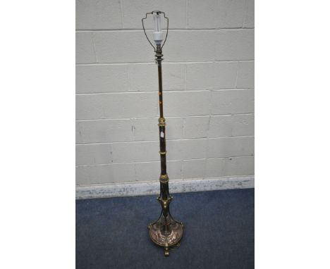 AN EDWARDIAN BRASS AND COPPER TELESCOPIC CONVERTED STANDARD LAMP, with pressed copper decoration, max height to fitting 190cm