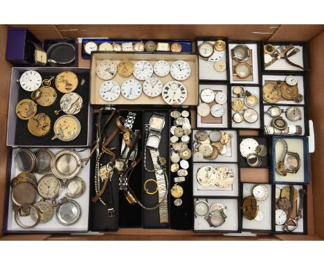 A BOX OF ASSORTED WATCH/POCKET WATCH MOVEMENTS AND PARTS WITH WRISTWATCHES, to include various movements names to include 'Ro