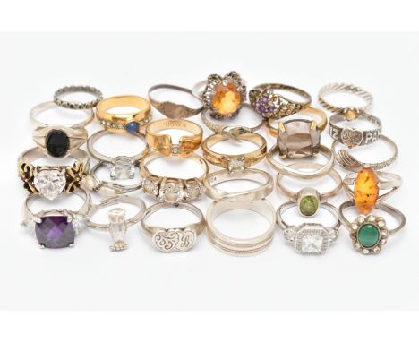 AN ASSORTMENT OF RINGS, to include five silver rings including a Victorian Mizpah ring, all with British hallmarks, approxima