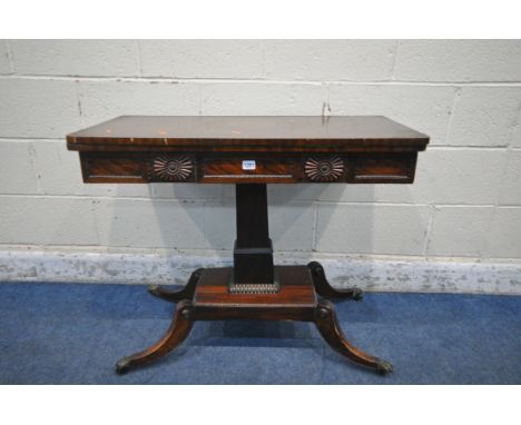 A REGENCY MAHOGANY FOLD OVER CARD TABLE, on a square support, and four splayed legs, width 92cm x depth 46cm x height 74cm (c