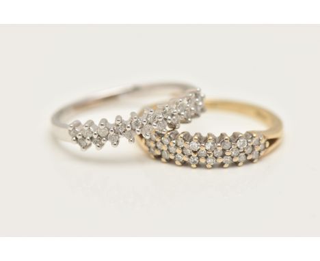 TWO 9CT GOLD DIAMOND SET RINGS, the first a 9ct white gold ring, set with two rows of small single cut diamonds, leading onto