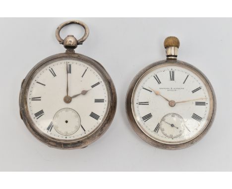 TWO SILVER POCKET WATCHES, the first an open face key wound movement, round white dial, unsigned, Roman numerals, silver case