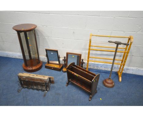 A SELECTION OF OCCASIONAL FURNITURE, to include a cylindrical display cabinet, with a single shelf, two swinging dressing mir