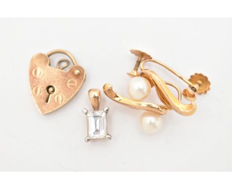 A 9CT GOLD HEART PADLOCK, A PAIR OF CULTURED PEARL EARRINGS AND A PENDANT, padlock clasp hallmarked 9ct London, approximate g