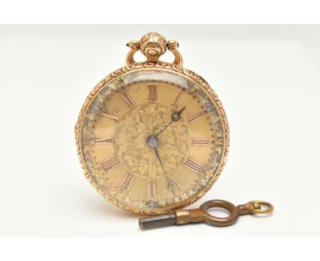 A LATE GEORGIAN 18CT GOLD OPEN FACE POCKET WATCH, key wound movement, round gold tone dial with tri colour foliage detail, Ro