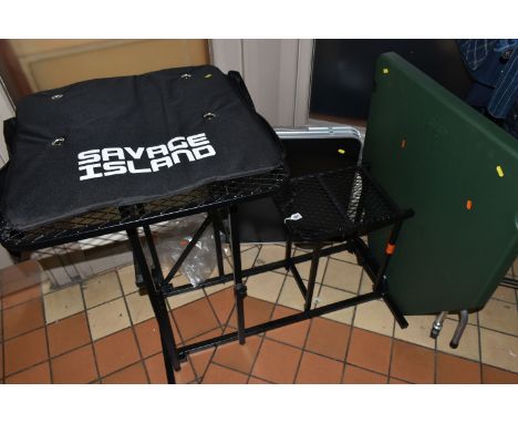 A GROUP OF SHOOTING TABLES, to include a Savage Island adjustable folding rifle shooting bench with cover, an MTM Case-Gard f