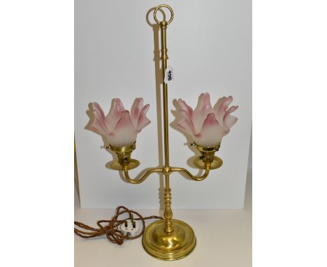 A BRASS BOUDOIR TABLE LAMP, with two Art Deco style frosted white and pink glass shades, appears to have been rewired, height