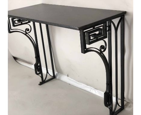 ART DECO CONSOLE TABLE, scroll and geometric decorated black metal base with rectangular marble top, 74cm H x 92cm x 43cm.