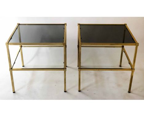 LAMP TABLES, a pair, Maison Jansen attributed gilt metal and glass each of square form with undertier, 51cm x 51cm x 51cm. (2