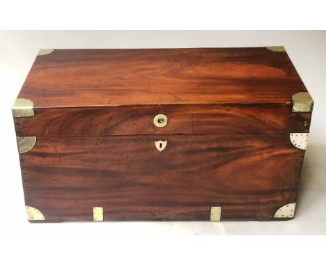 CAMPHORWOOD TRUNK, 19th century Chinese export and brass bound with rising lid and carrying handles, 97cm x 49cm x 49cm H.